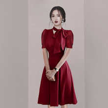 职业红色连衣裙女夏蝴蝶结领巾系带气质工装裙2023新款OL上班裙子