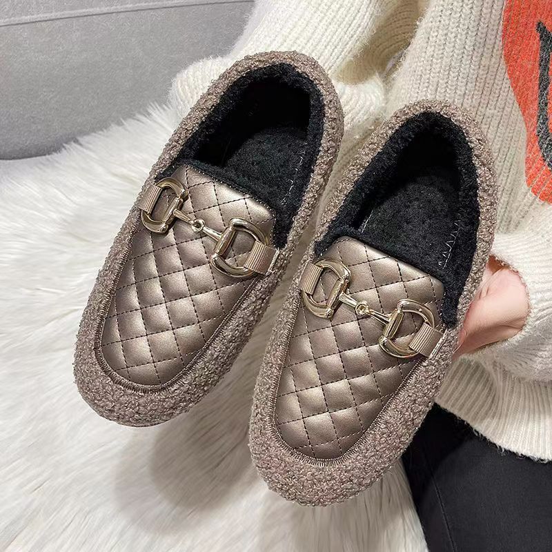 2023 Autumn and Winter New Cotton-Padded Shoes with Velvet Korean Style Slip-on Lofter Soft-Soled Furry Shoes Peas Shoes Slippers