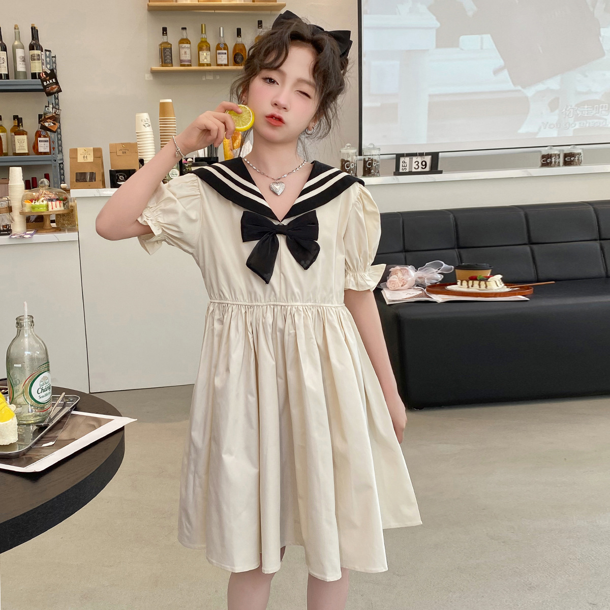 女童夏季海军领拼色连衣裙2024新款儿童洋气可爱公主裙女孩-阿里巴巴