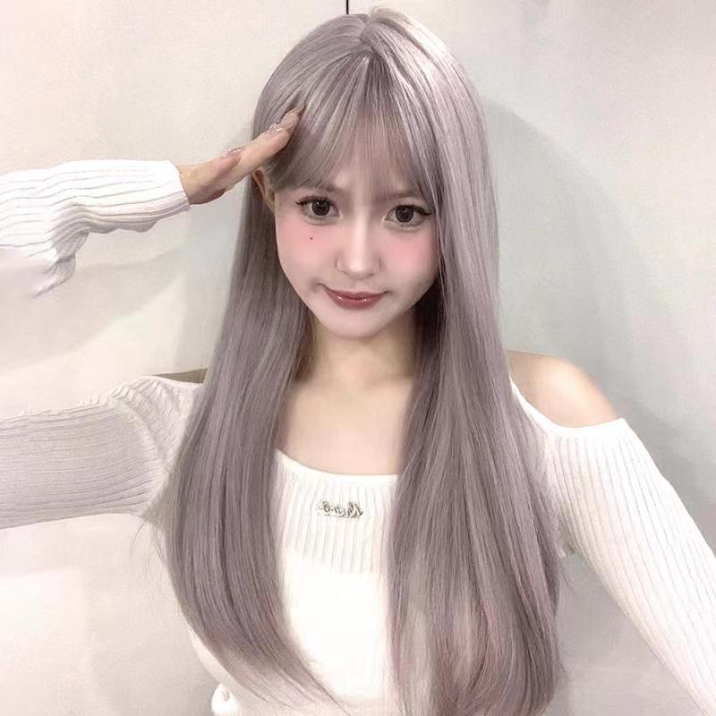 伯乐假发女灰紫色长发中长发夏季空气刘海自然气质长直发全头套式
