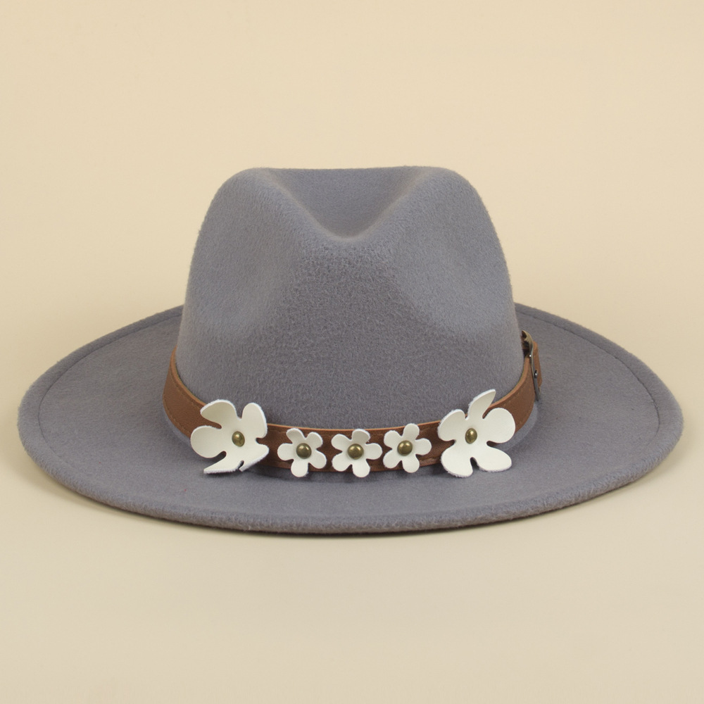 秋冬优雅复古礼帽白色花朵爵士帽休闲毛呢帽女士呢子皮带帽