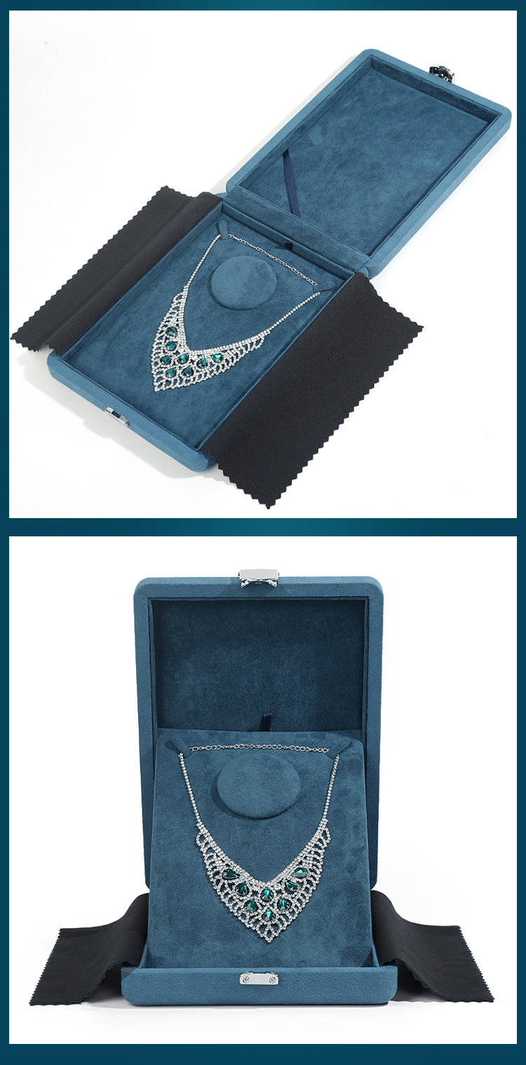 新款超纤首饰盒蓝色戒指吊坠裸钻盒 项链展示 按扣饰品盒可印logo
