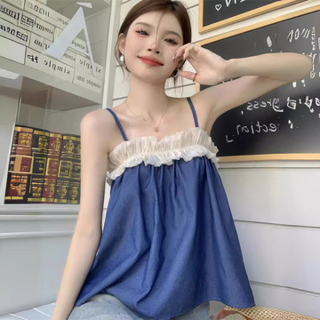 设计感甜辣妹荷叶边拼接吊带背心女夏季新款度假露肩宽松无袖上衣