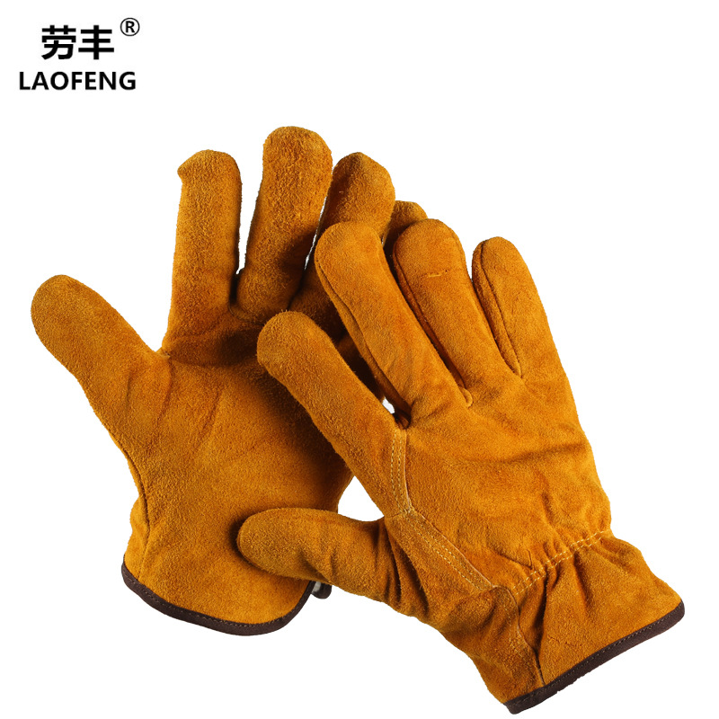 Factory Direct Sales Arc-Welder's Gloves Short Full Leather Wear-Resistant Heat-Resistant Protective Welder Welding Gloves Two-Layer Golden Driver