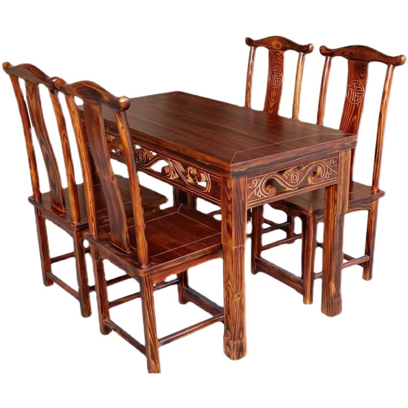 松木中式简约饭店餐桌椅实木仿古长方形面馆商用雕花碳化桌凳组合