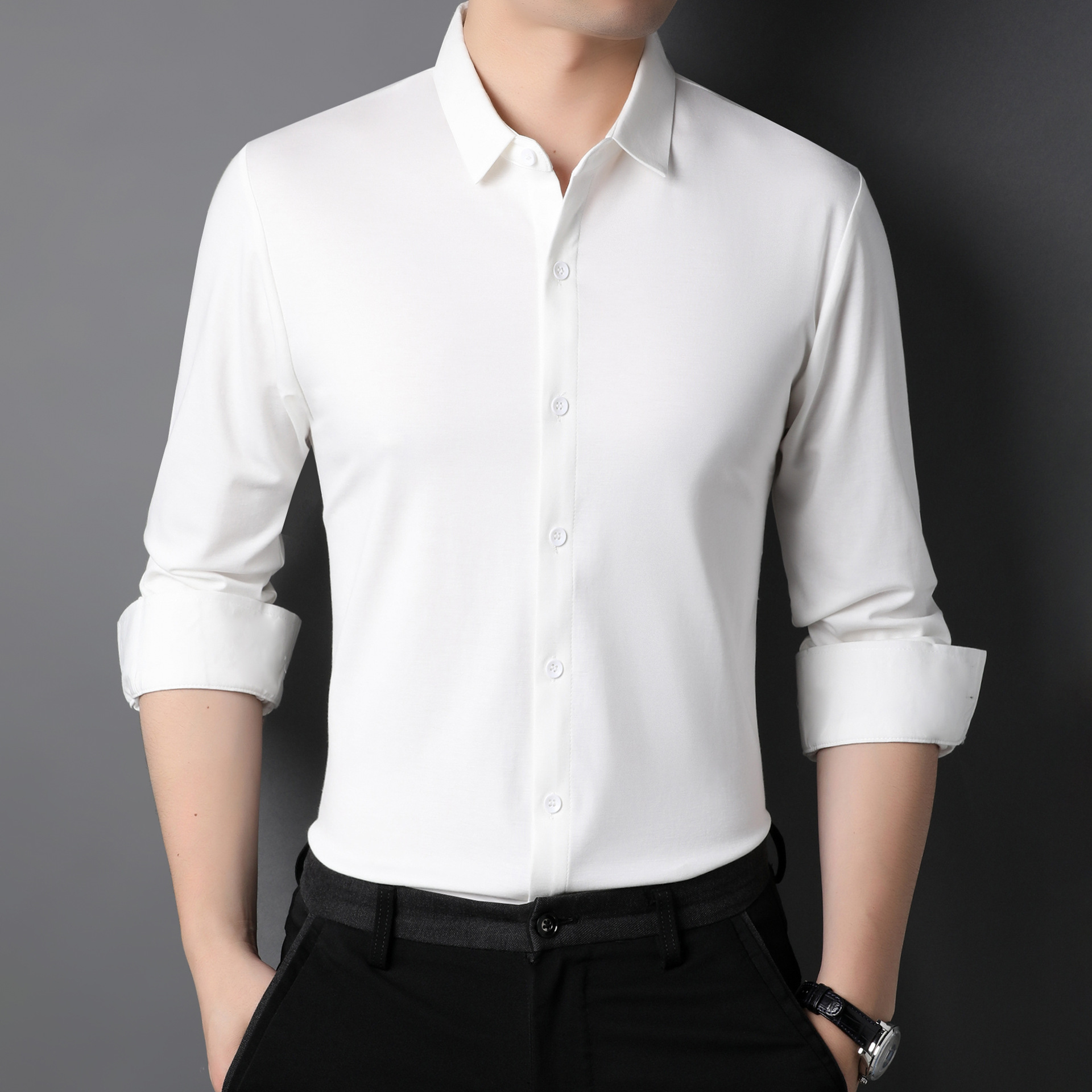 2022春夏男装白衬衫男长袖商务休闲免烫西服衬衣修身职业春秋正装