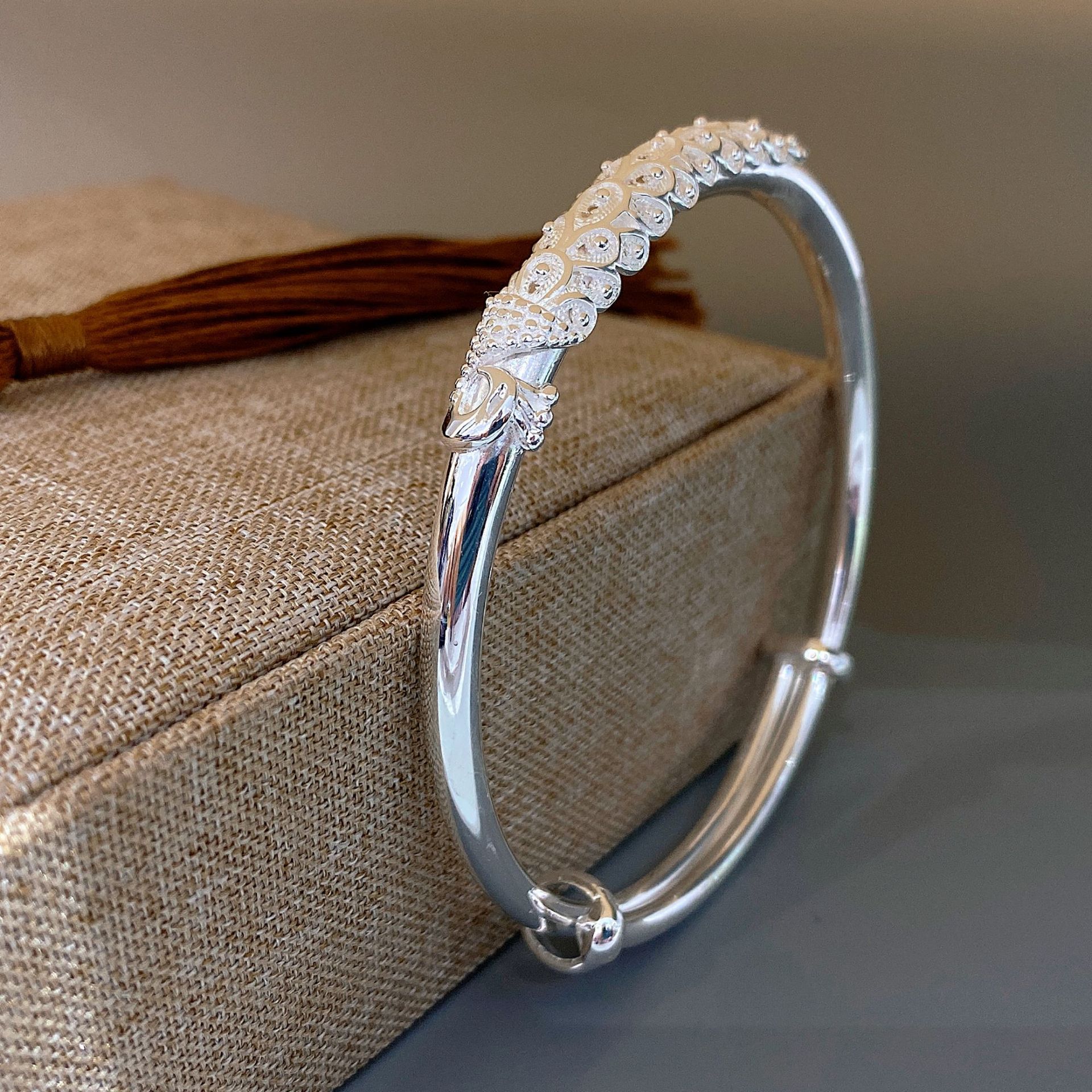 福氏花丝足银s999推拉纯银手镯高级感凤凰孔雀繁花镯子送妈妈婆婆