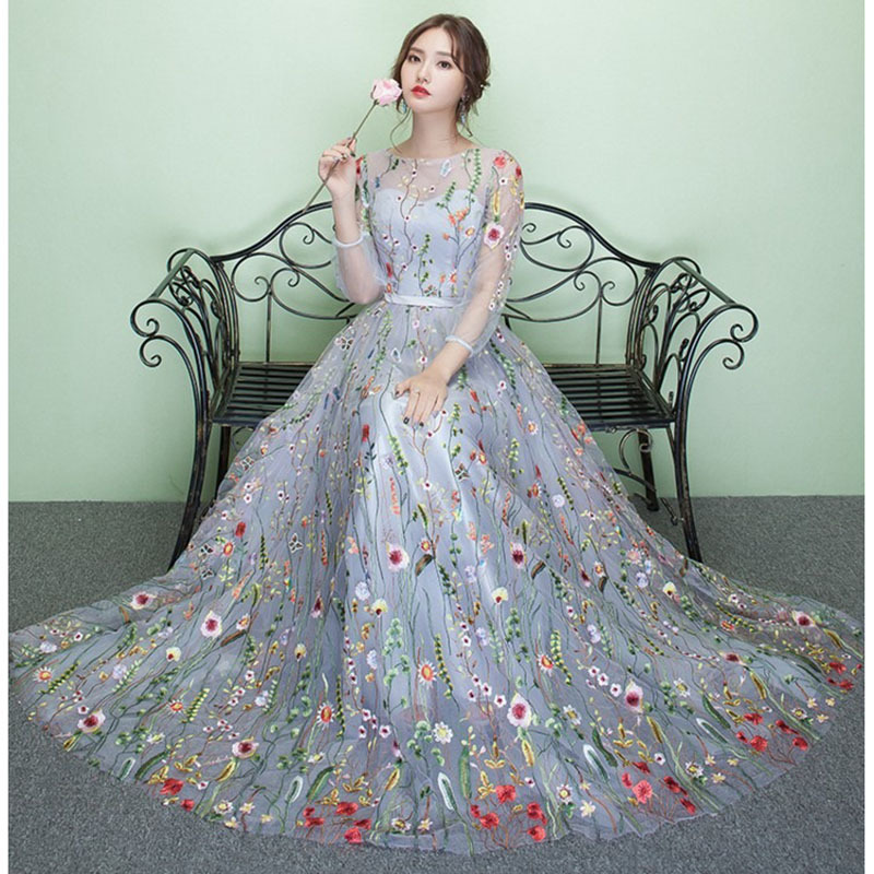 外贸晚礼服2024新款蕾丝长款欧美气质宴会年会主持连衣裙长袖礼服