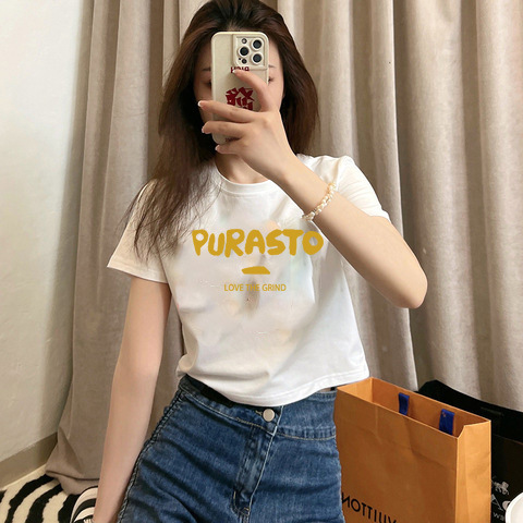 2024 Summer Pure Cotton New Cream Short T-shirt Women's Short Sleeve Shoulder Width Loose Cartoon Texture Half Sleeve T-shirt