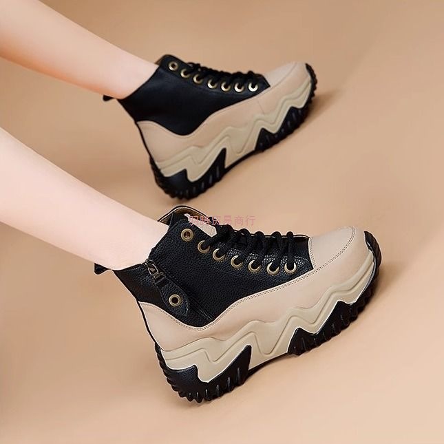 马丁靴女2025春秋季松糕厚底高帮小白内增高女鞋爆款短靴烟筒靴女