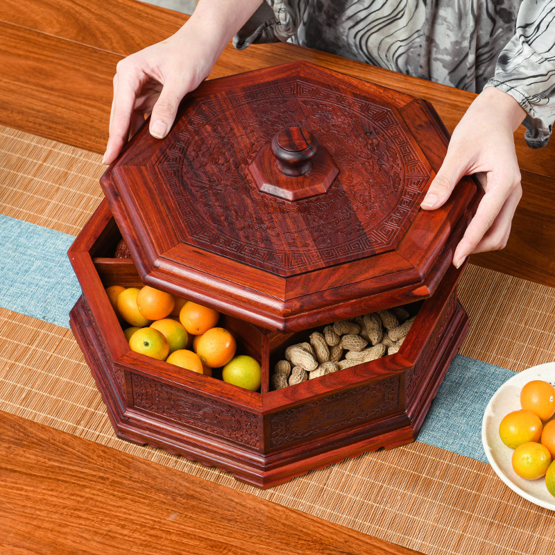 非州小叶紫檀中式实木果盘果盒分格带盖零食盒复古家用大容量