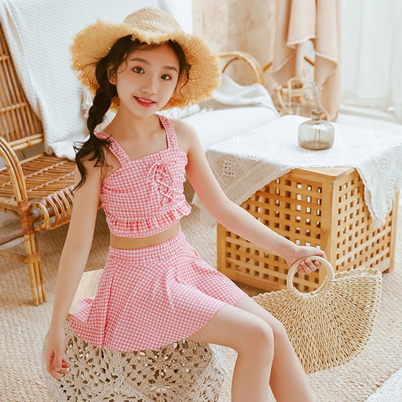 儿童泳衣分体裙式3-12岁中大童学生游泳衣夏季度假女童泳装批发