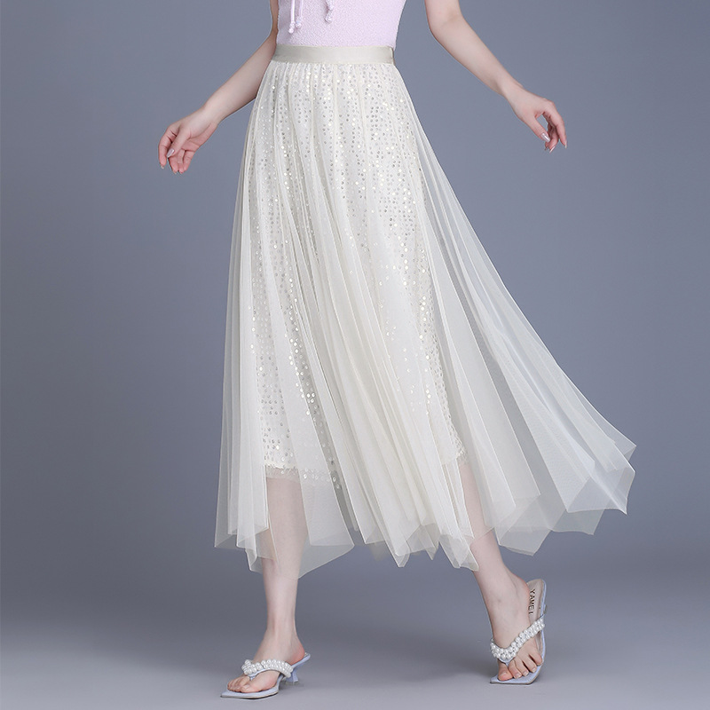 网纱亮片裙女半裙2024春季女百褶半身裙吸睛优雅a字广场舞半身裙