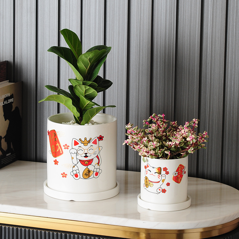 简约白色招财猫吉祥如意直筒圆柱形带托盘多肉蝴蝶兰专用陶瓷花盆