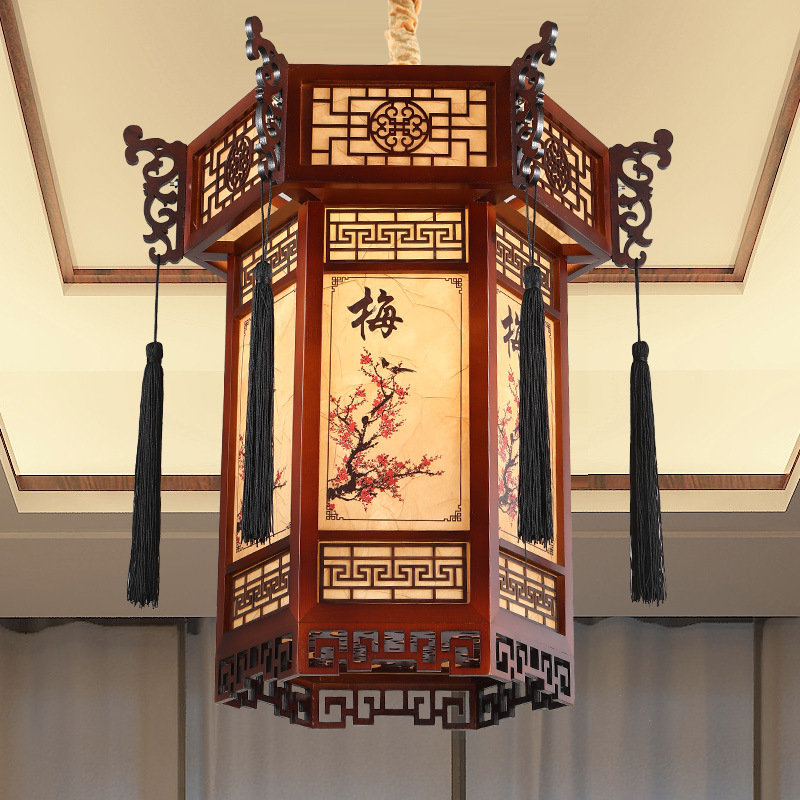 中式仿古实木羊皮吊灯六角龙头宫灯古典风古建走廊寺庙灯笼灯