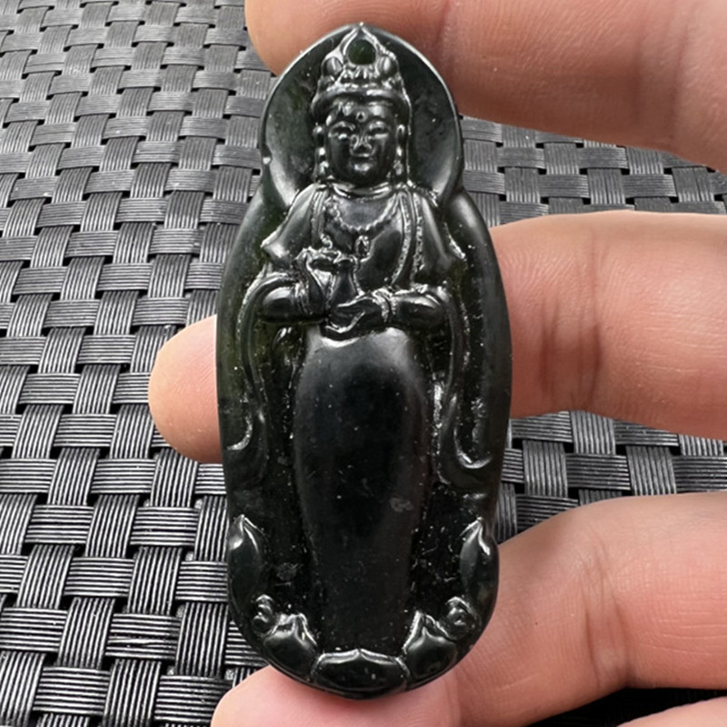 玉石挂件新疆和田墨玉观音挂件墨绿蛇纹石玉观音吊坠玉牌子玉坠