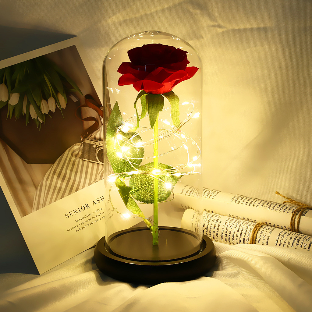 跨境新款 情人节礼物 玻璃罩仿真玫瑰花灯饰摆件 居家装饰小夜灯