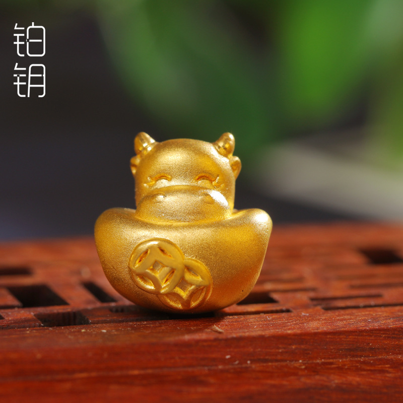 热卖时尚纯金牛编绳足金999男女手链diy3d硬金十二生肖牛一件代发