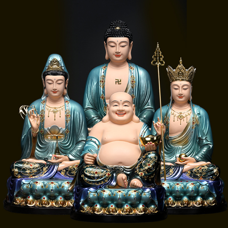 仿铜彩全堂佛释迦牟尼观音菩萨佛像供奉家用树脂娑婆三圣三宝佛