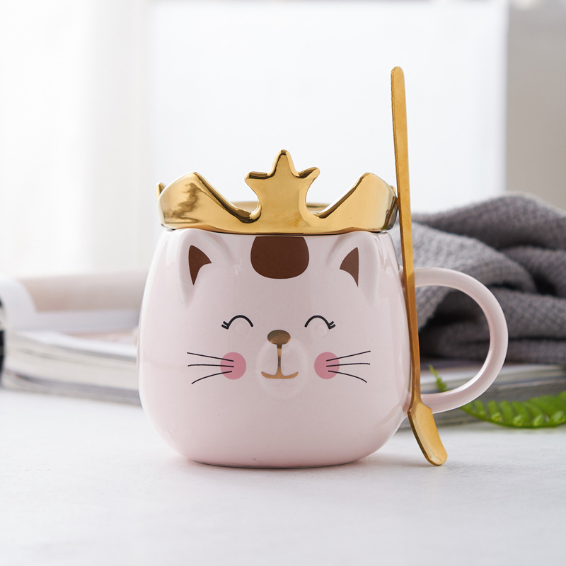 Good-looking Ceramic Cup Office Household Ceramic Mug Crown Cute Cat with Cover with Spoon Couple Water Cup