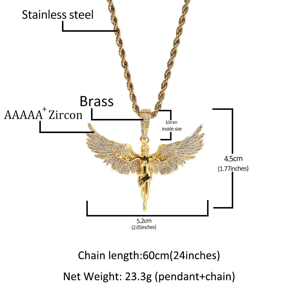 Europe and America Cross Border Ornament Retro Unisex Style Gold Diamond Angel Wings Men and Women Rap Hip Hop Necklace Wholesale