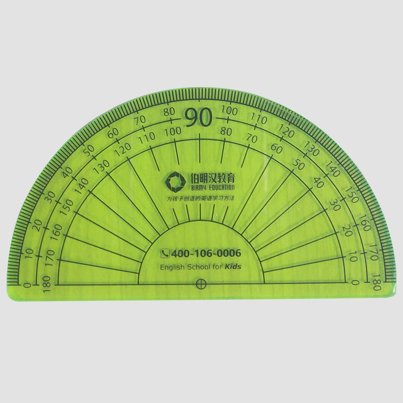 工厂定制绿色透明亚克力夜光学生绘图半圆量角器尺子测量工具