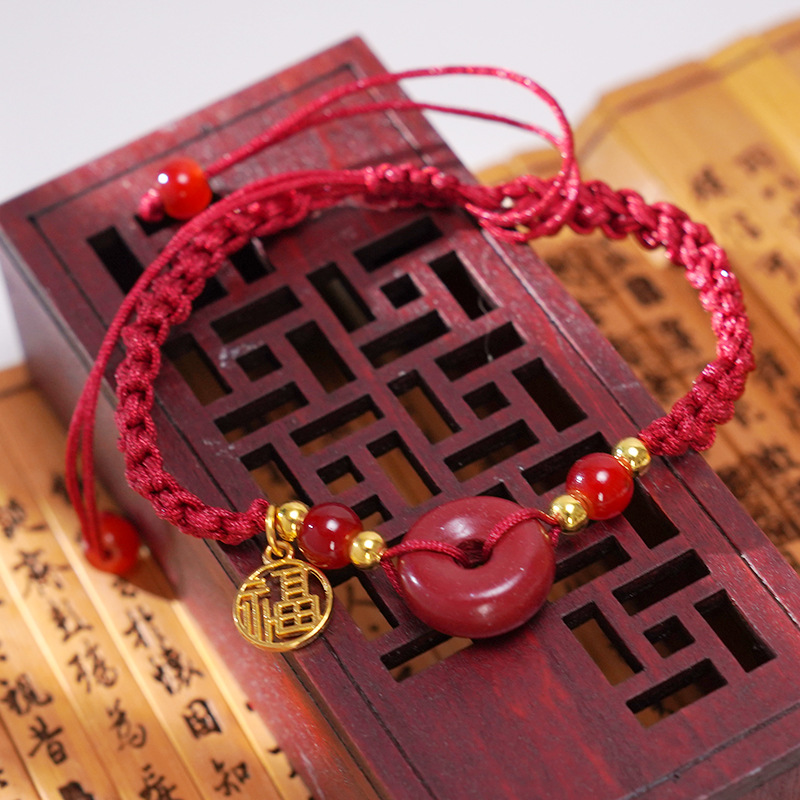 民族风仿朱砂平安扣手链护身平安红绳编织福牌平安扣手串景区热销