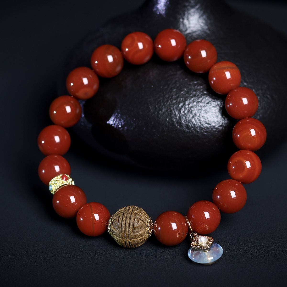 南红玛瑙圆珠设计款手链文玩福字天然古法合香珠手串饰品批发女款