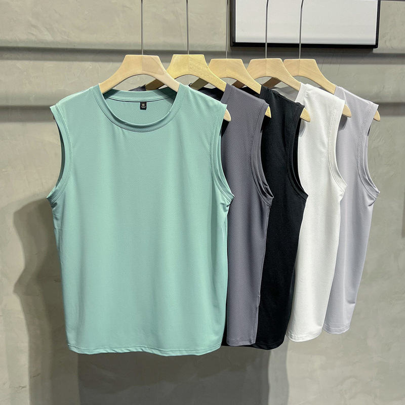 夏装新款透气无袖t恤男青年冰丝网眼背心潮纯色坎肩沙滩打底汗衫