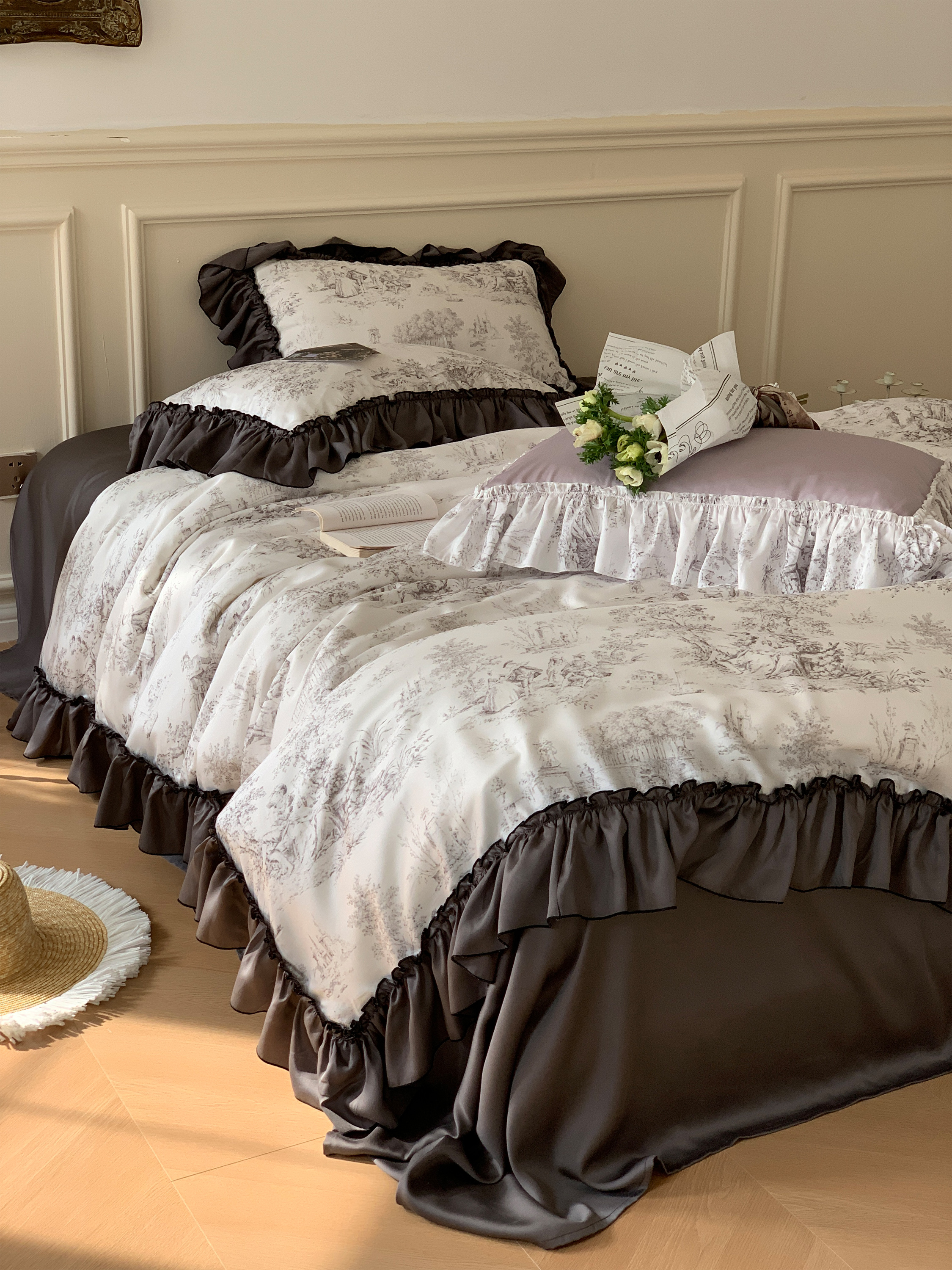 4yk黑白华尔兹|质感天丝法式浪漫夏季四件套凉感冰丝滑花边床品