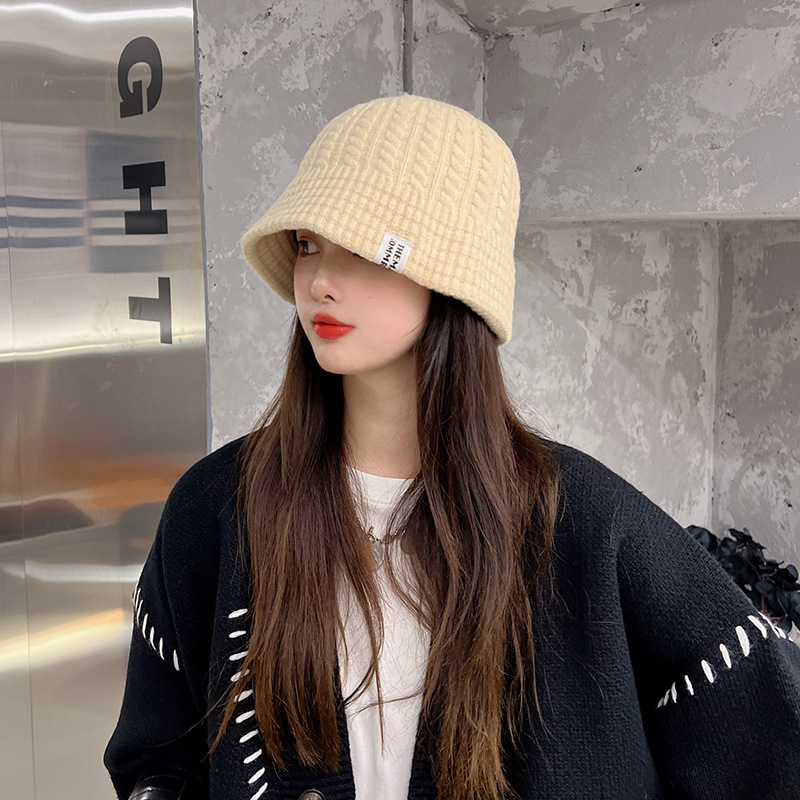 Woolen Cap Women's Autumn and Winter Bucket Hat Minority All-Match Patch Letters Korean Style Japanese Style Knitted Bucket Bucket Hat Tide