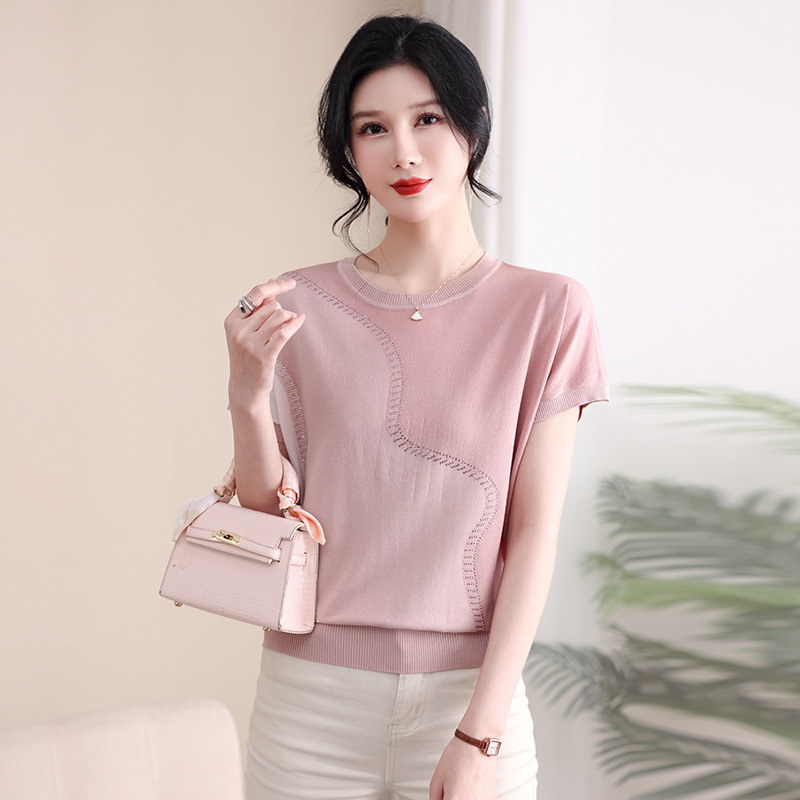 夏季新款女士打底衫年轻妈妈装中年女式洋气短袖小衫针织上衣女装