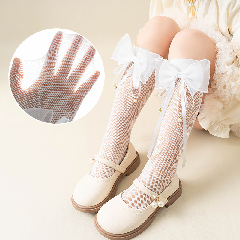 2024夏季新款 超薄网纱珍珠丝带蝴蝶结儿童中筒袜 女童渔网小腿袜