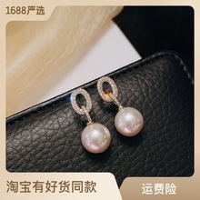 韩国东大门S925银针几何简约镶钻闪亮珍珠耳环名媛风气质高级感