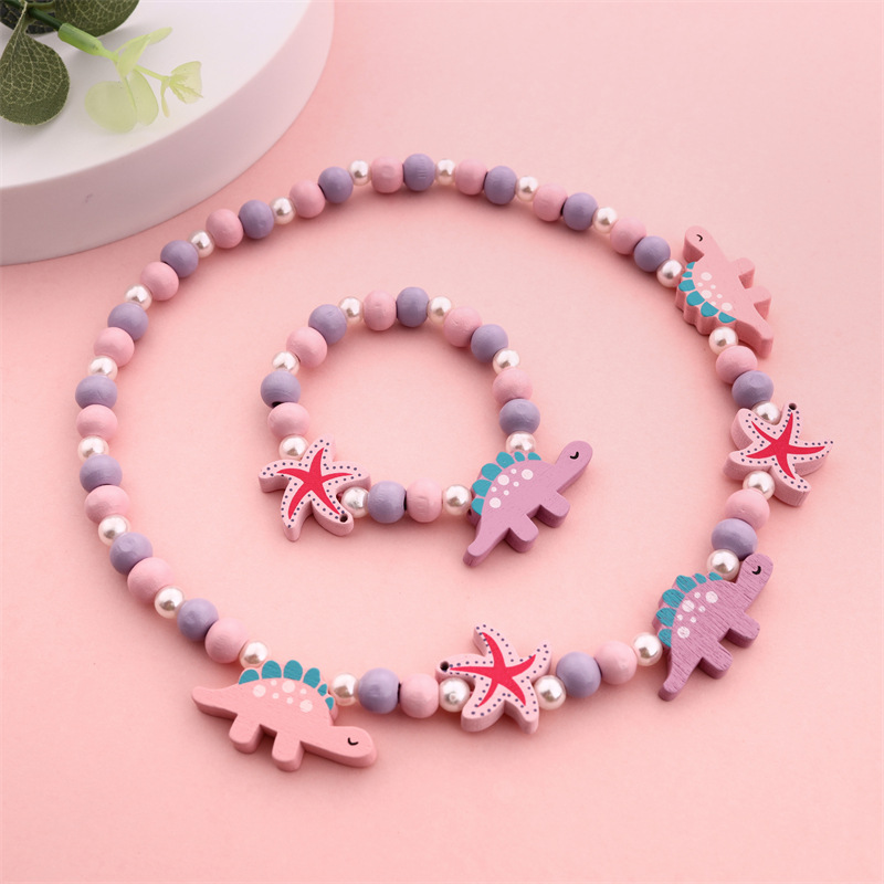 Children's Wooden Bead Beaded Necklace Bracelet Cute Little Dinosaur Rainbow Necklace Cross-Border Children's Jewelry Set Accessories