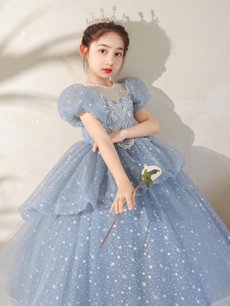 Children's Dress Blue Princess Dress 2024 New Fashion Temperament Host Catwalk Performance Costumes French Entry Lux Female