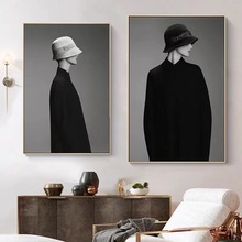 时尚女人戴帽子帆布画壁画海报墙壁艺术卧室客厅现代装饰画