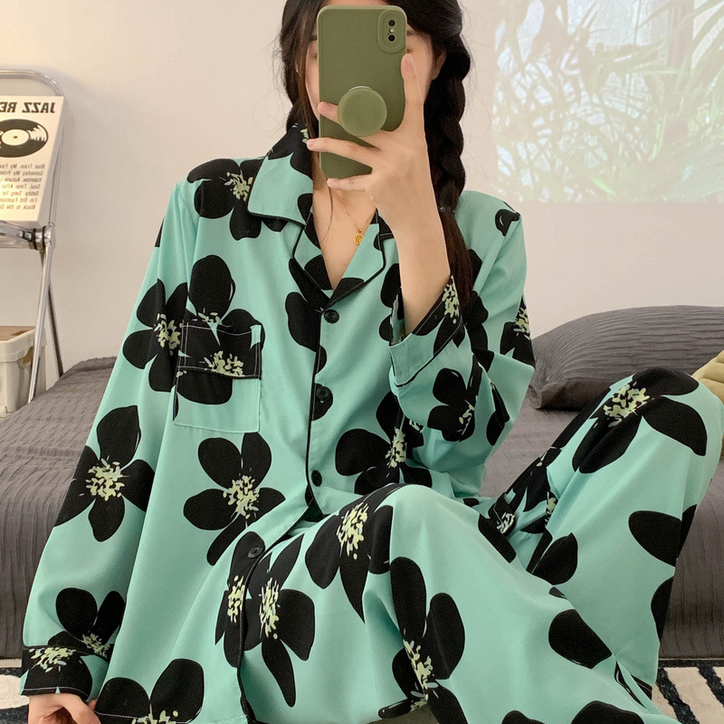 Pajamas Women's Ice Silk Landscape Painting Spring and Autumn Long Sleeve Factory in Stock Wholesale Outerwear Cross-Border Home Wear Suit