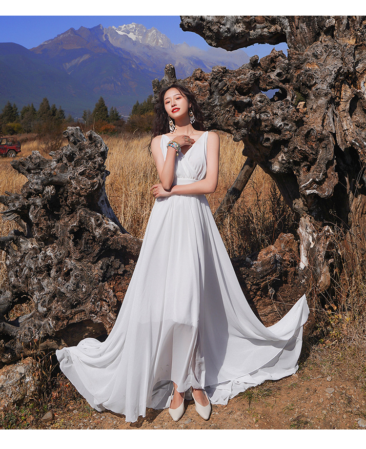 轻婚纱白色吊带露背连衣裙拖地长裙超仙波西米亚海边度假沙滩裙