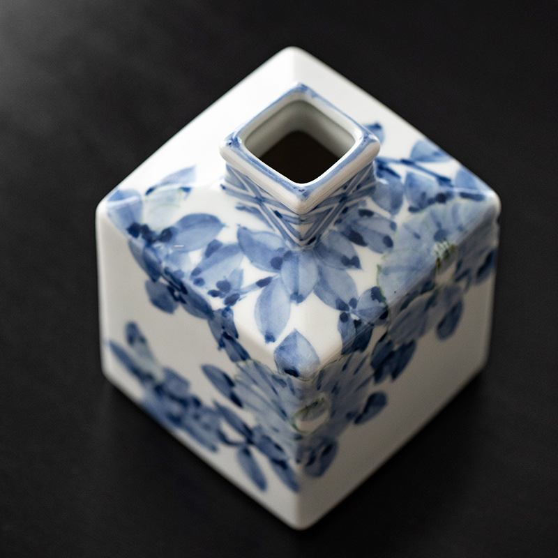 日本进口九谷烧作家手绘樱花渐变彩釉方形花瓶小口插花器摆件