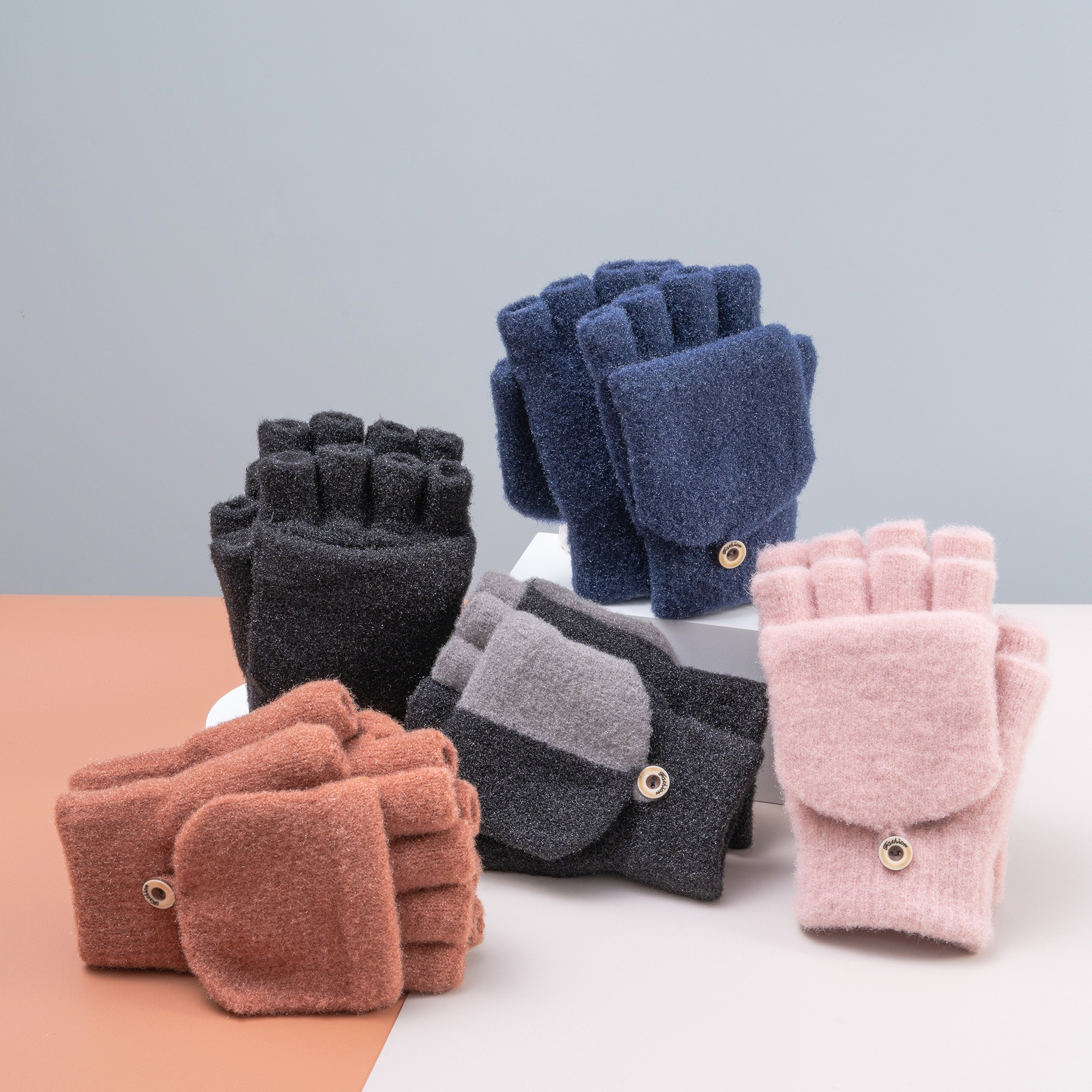 冬季手套男士加绒保暖半指女士运动骑行电动车防寒风毛线翻盖手套