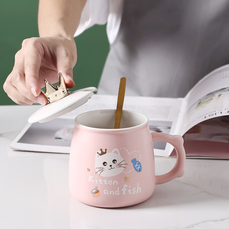 Fashion Crown Ceramic Cup with Cover Spoon Cartoon Couple Mug Wedding Shop Gift Cup Office Water Cup