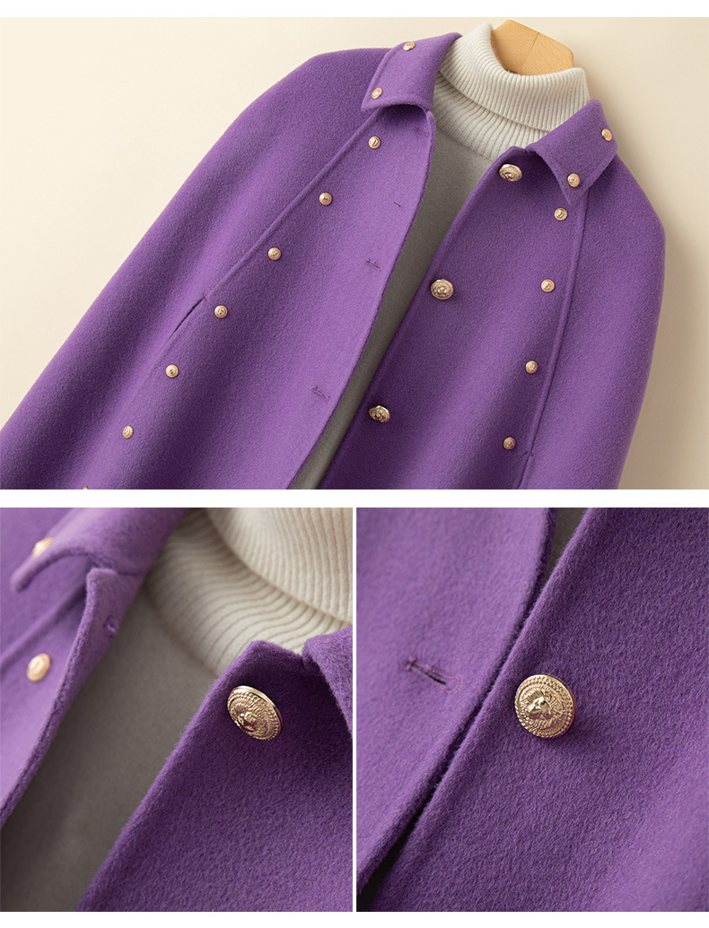 秋冬高端加厚斗篷毛呢外套女双面羊绒大衣小个子羊毛紫色披风呢子