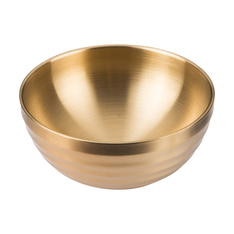 Hz473 Korean 304 Stainless Steel Double-Layer Bowl Children's Bowl Instant Noodle Bowl Gold Plated Bowl Threaded Bowl Creative Rice Bowl