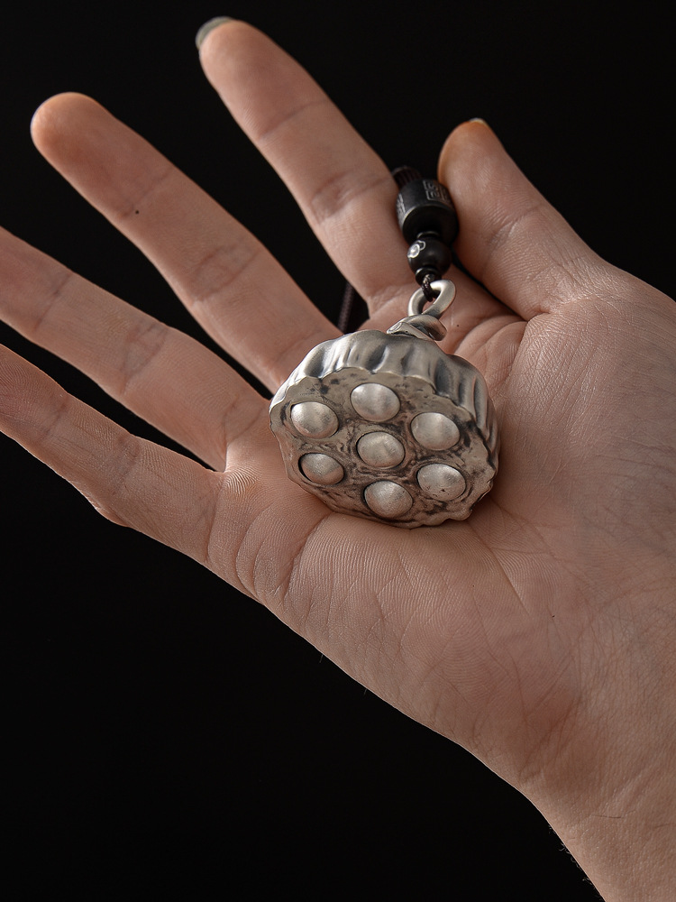 999纯银莲蓬手把件足银摆件禅意银茶宠银滚珠按摩把玩个性银挂件