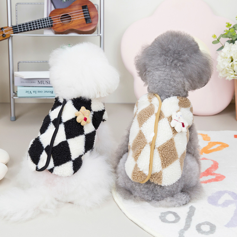 Autumn and Winter Cat Clothes Two Legs Fluffy Jacket 22 Diamond Lattice Fluffy Jacket Pet Clothing New Dog Clothes Pet Clothes