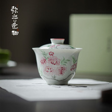 弥言甜白手绘海棠花盖碗釉上彩茶碗茶杯功夫茶具套装手工薄胎茶碗