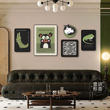 多巴胺客厅装饰画中古风卡通组合壁画小众艺术动物沙发背景墙挂画