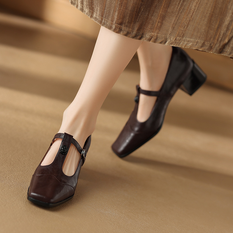 女鞋2024春夏季新款鞋子方头粗跟中跟鞋搭扣通勤玛丽珍鞋浅口单鞋