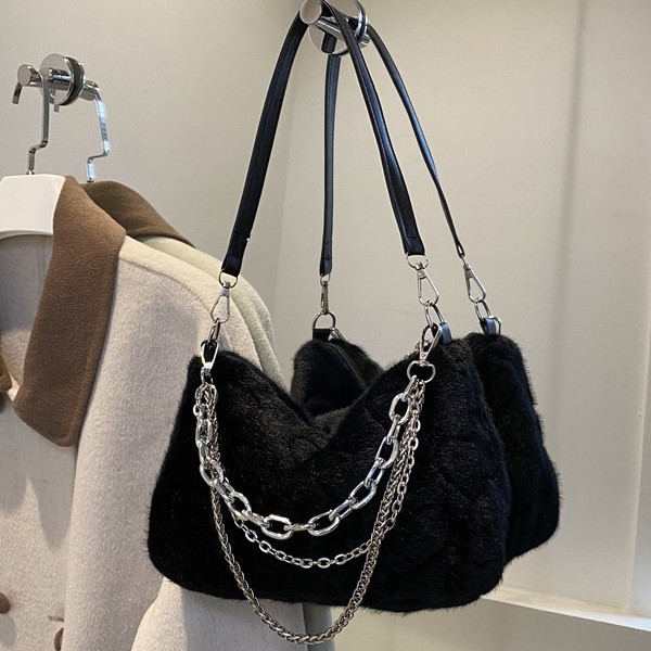 毛毛包包女包2024冬季新款简约时尚女士手提包纯色链条毛绒休闲包